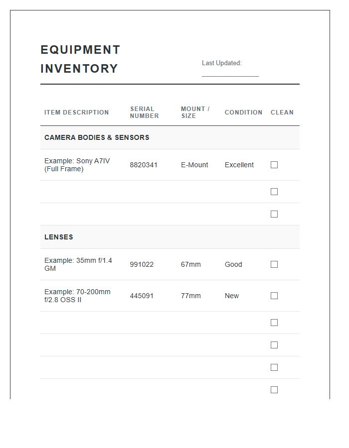 Camera Lens And Sensor Inventory Printable Chart