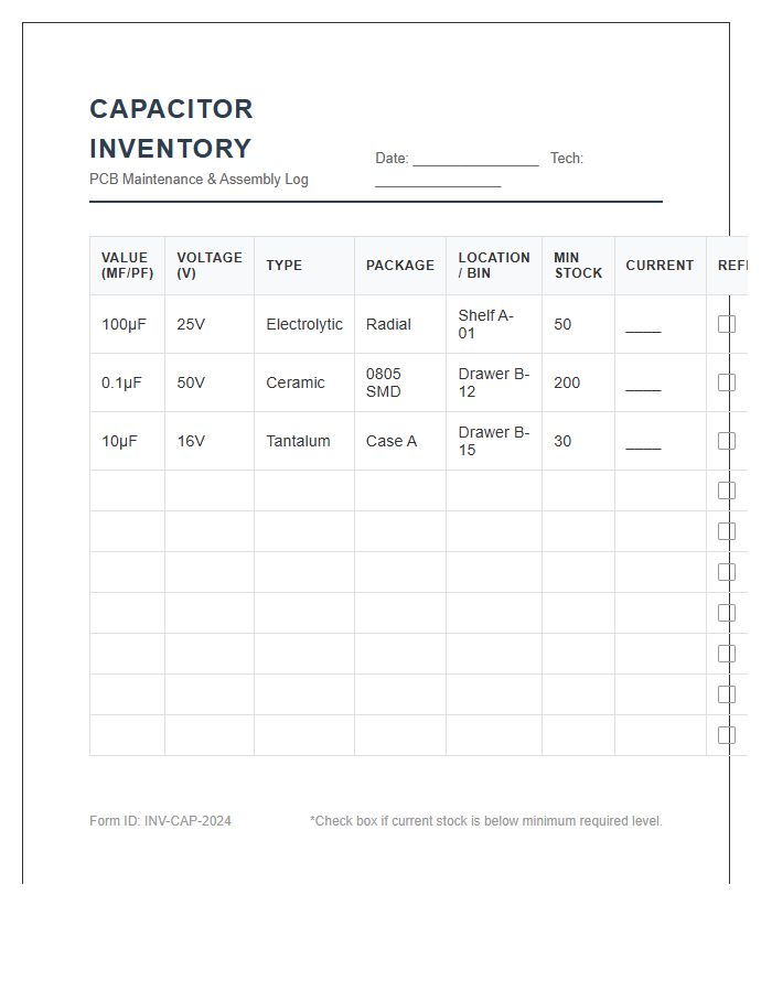 Circuit Board Capacitor Stock Management Printable Chart