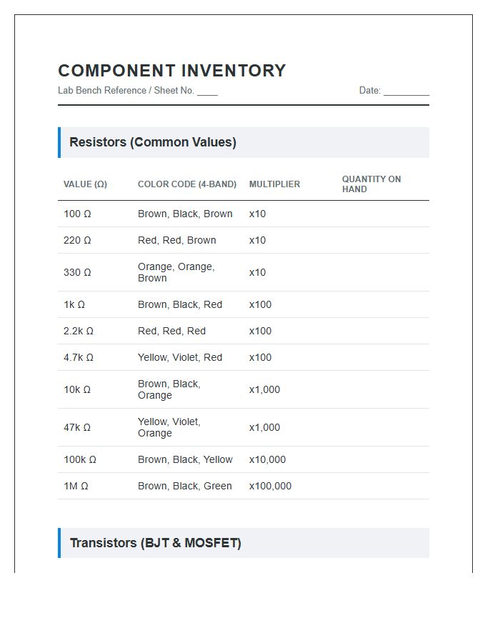 Common Resistor And Transistor Inventory Printable Chart