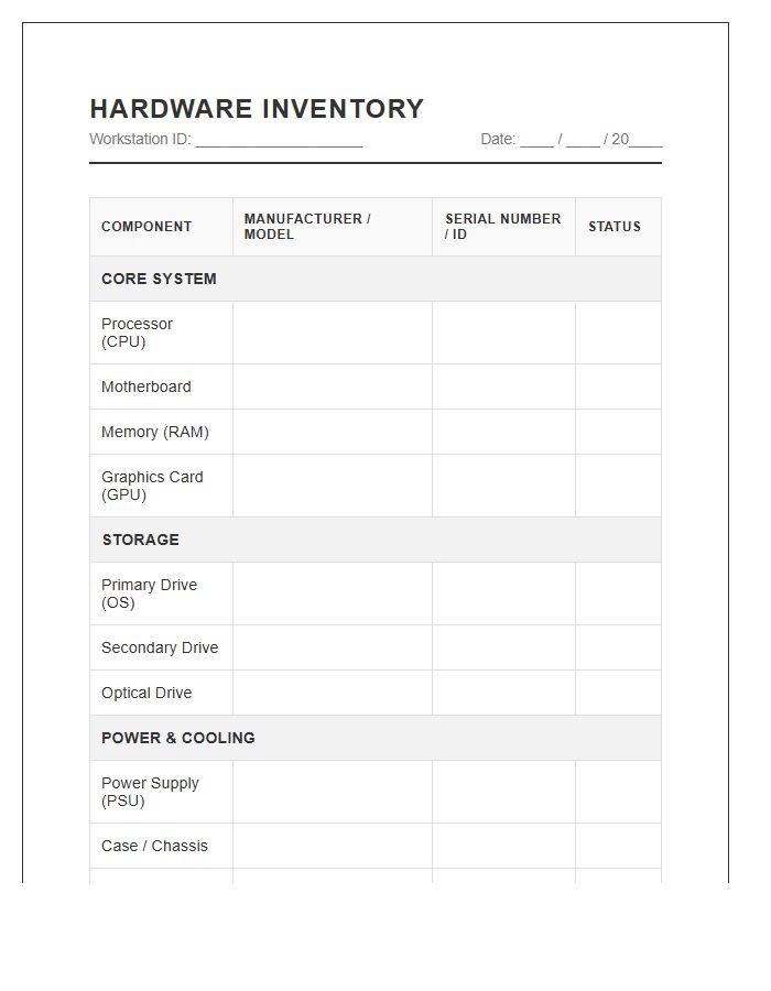 Desktop Computer Hardware Inventory Printable Chart