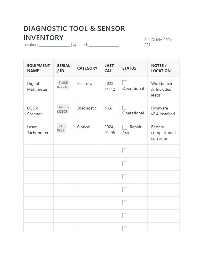 Diagnostic Tool And Sensor Inventory Printable Chart