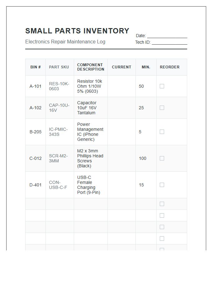 Electronics Repair Shop Small Parts Inventory Printable Chart