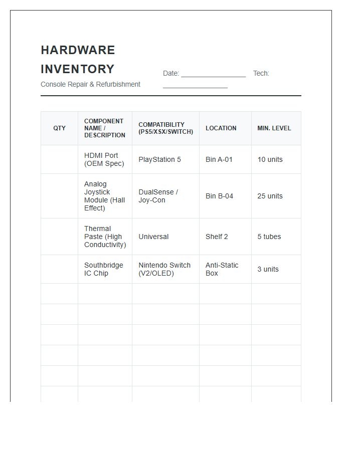 Gaming Console Repair Hardware Inventory Printable Chart