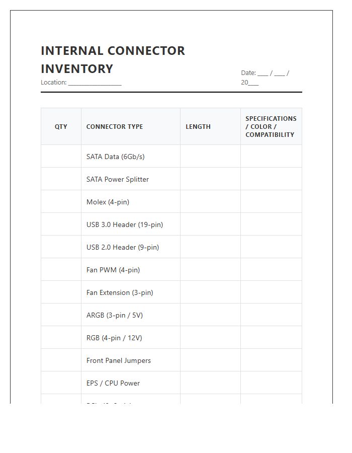 Internal Connector Cable Inventory Printable Chart