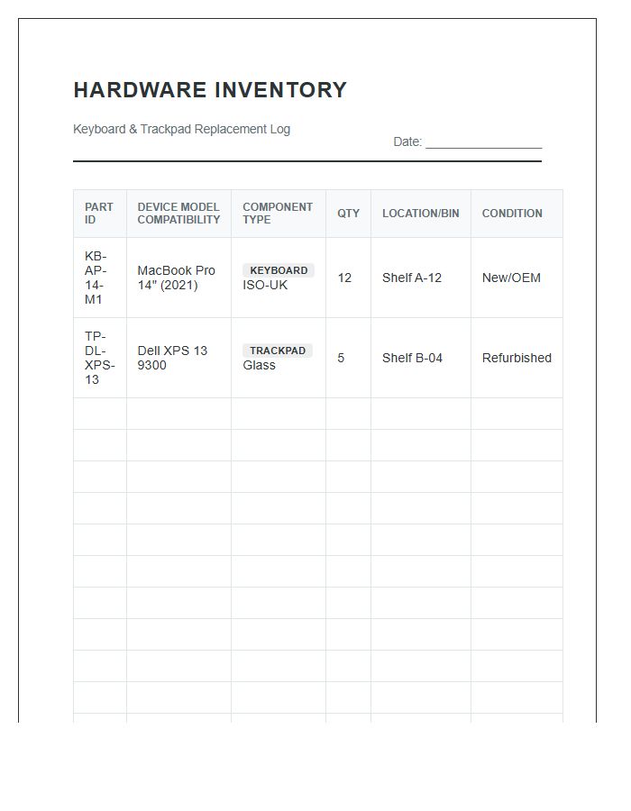 Keyboard And Trackpad Replacement Inventory Printable Chart