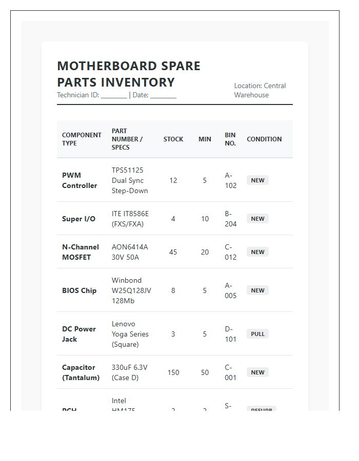 Laptop Motherboard Spare Parts Inventory Printable Chart