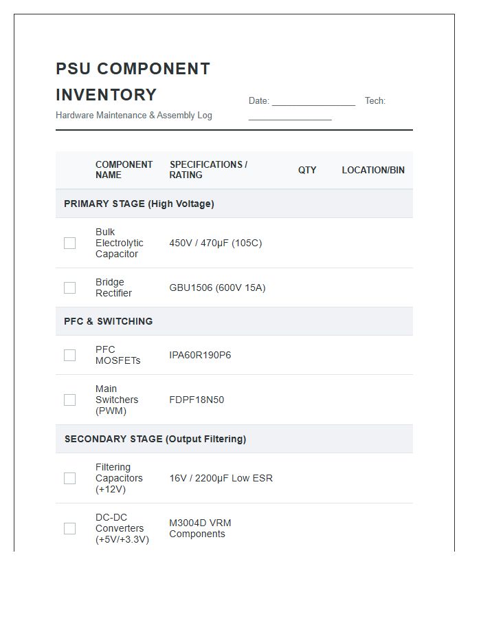 Power Supply Unit Component Inventory Printable Chart