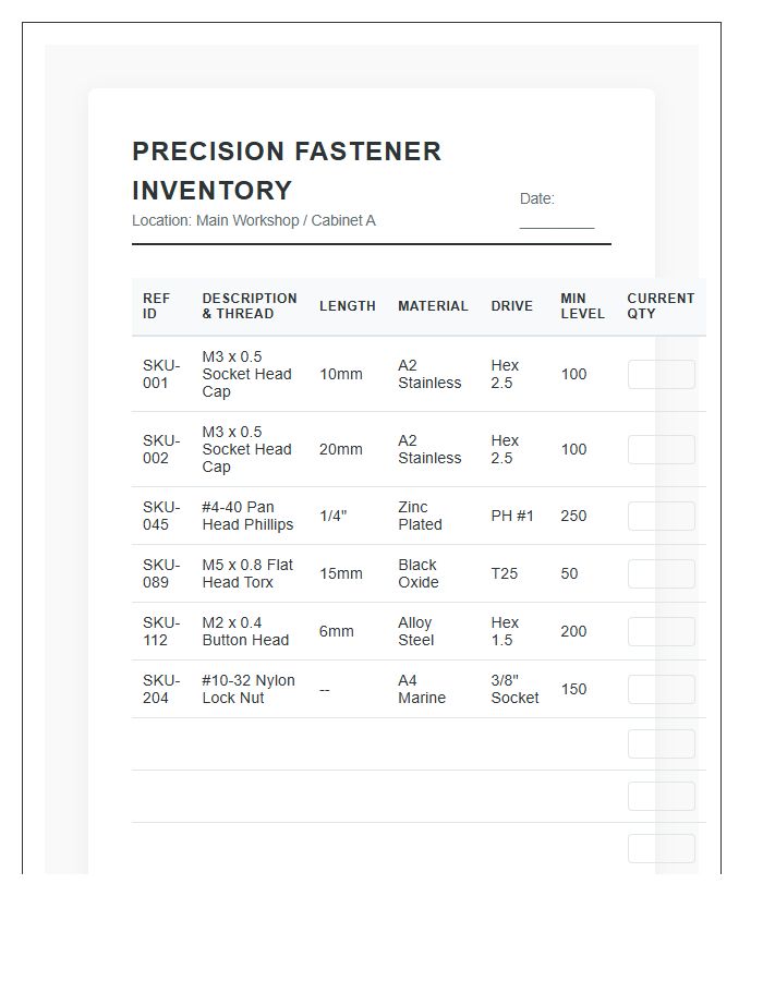 Precision Screw And Fastener Inventory Printable Chart