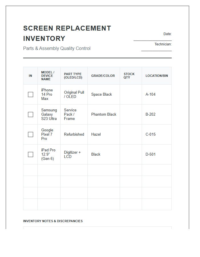 Screen Replacement Assembly Inventory Printable Chart