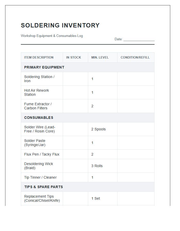 Soldering Equipment And Consumables Inventory Printable Chart