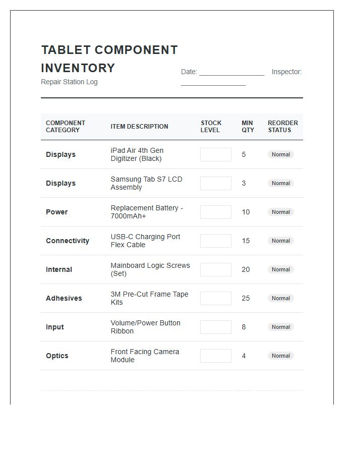 Tablet Repair Component Inventory Printable Chart