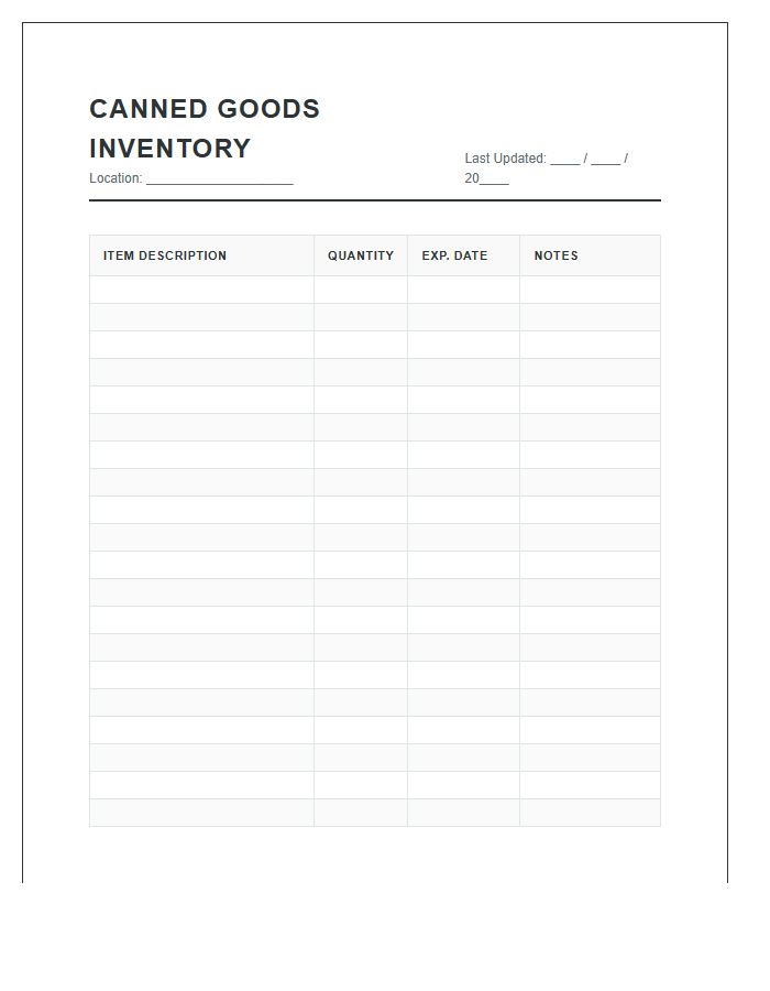 Canned Goods Inventory Tracker Printable Chart