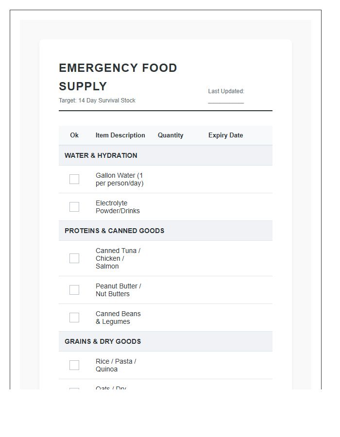 Disaster Preparedness Food Stock Printable Chart