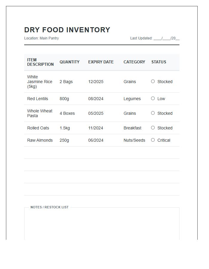 Dry Food Storage Management Printable Chart