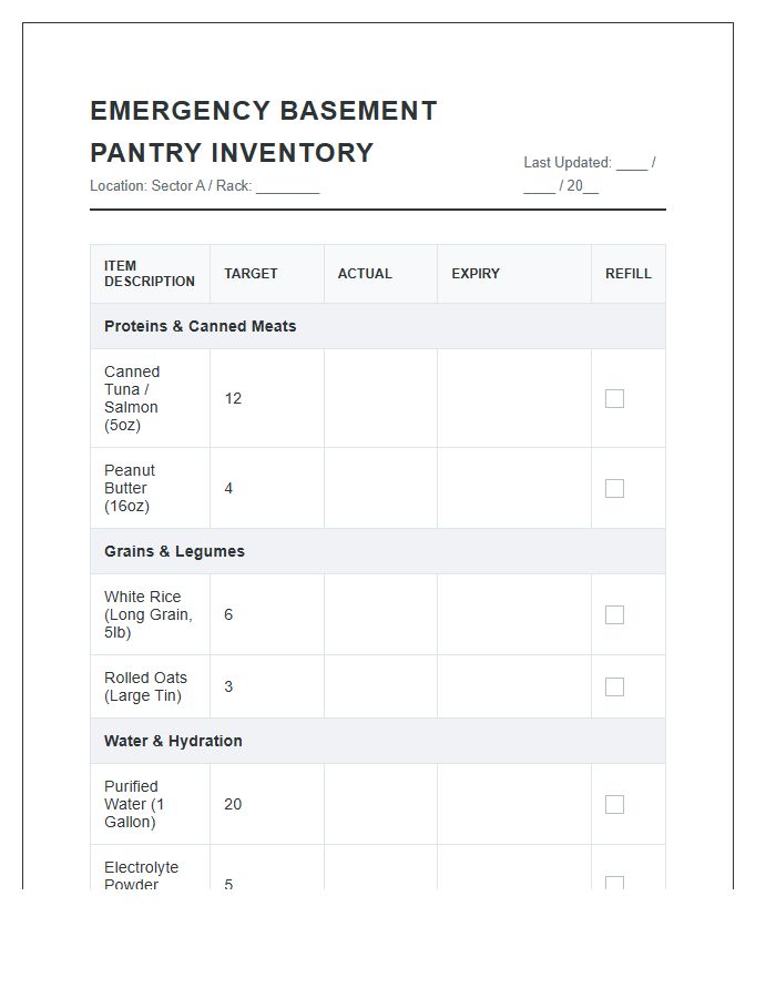 Emergency Basement Pantry Inventory Printable Chart