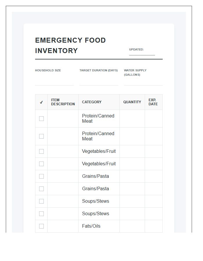 Emergency Meal Planning Inventory Printable Chart