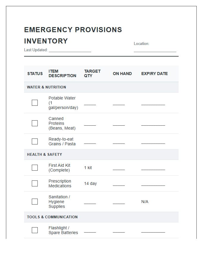 Emergency Provisions Inventory Checklist Printable Chart
