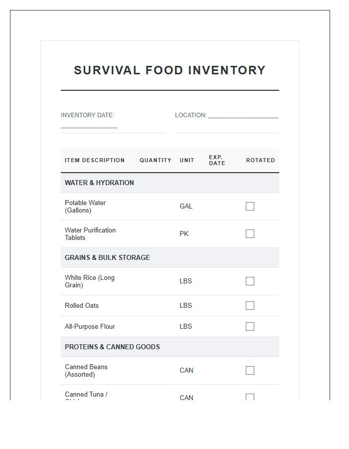 Essential Survival Food Inventory Printable Chart