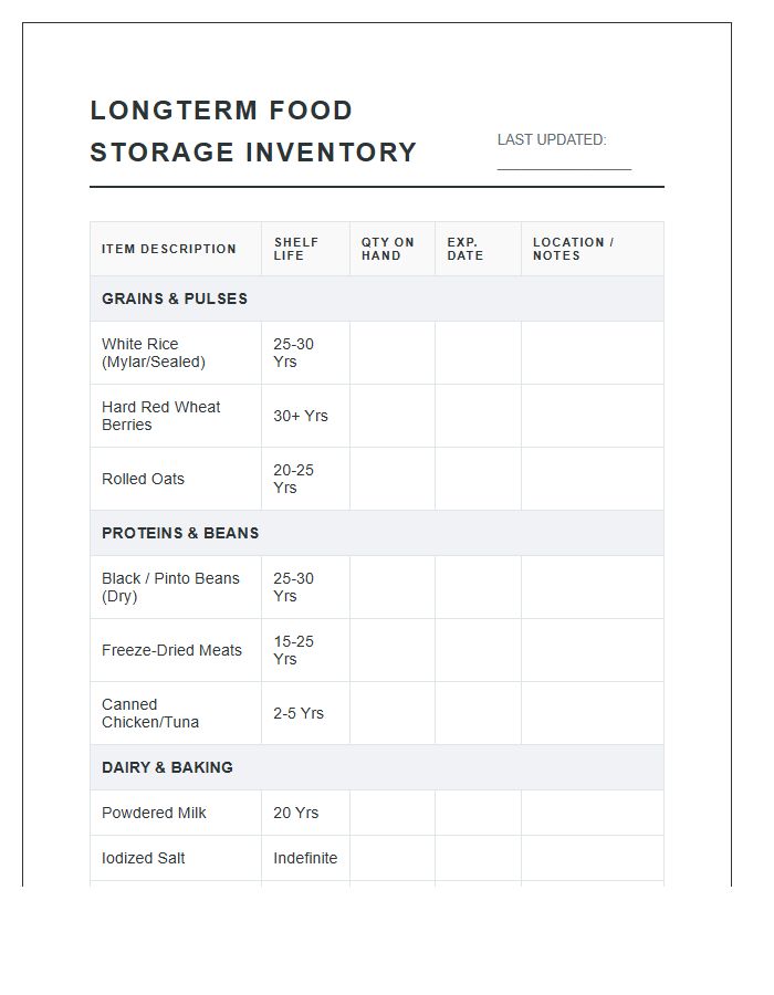 Longterm Food Storage Inventory Printable Chart