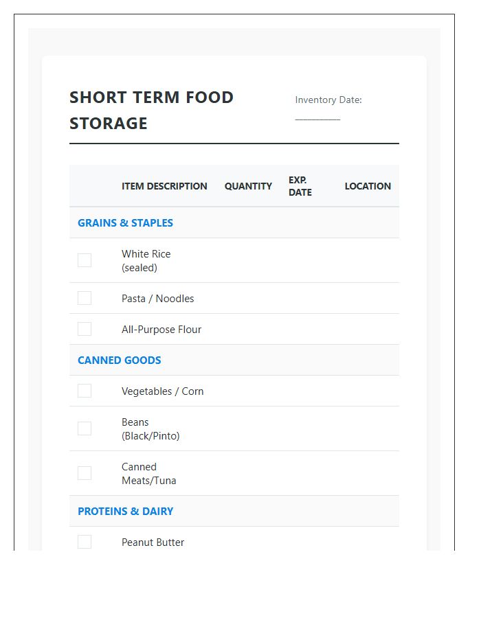 Short Term Food Storage Printable Chart