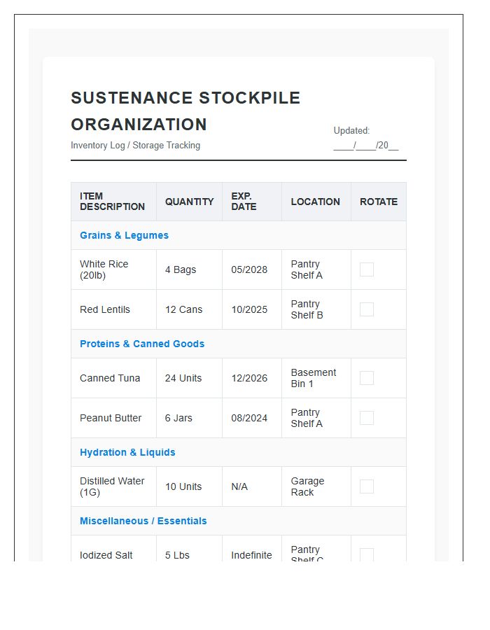 Sustenance Stockpile Organization Printable Chart