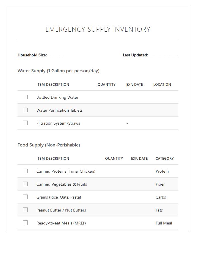 Water And Food Supply Printable Chart