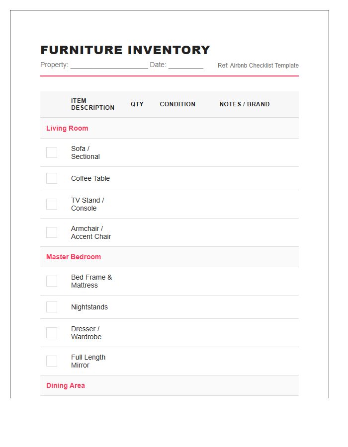 Airbnb Furniture Inventory Checklist Printable Chart