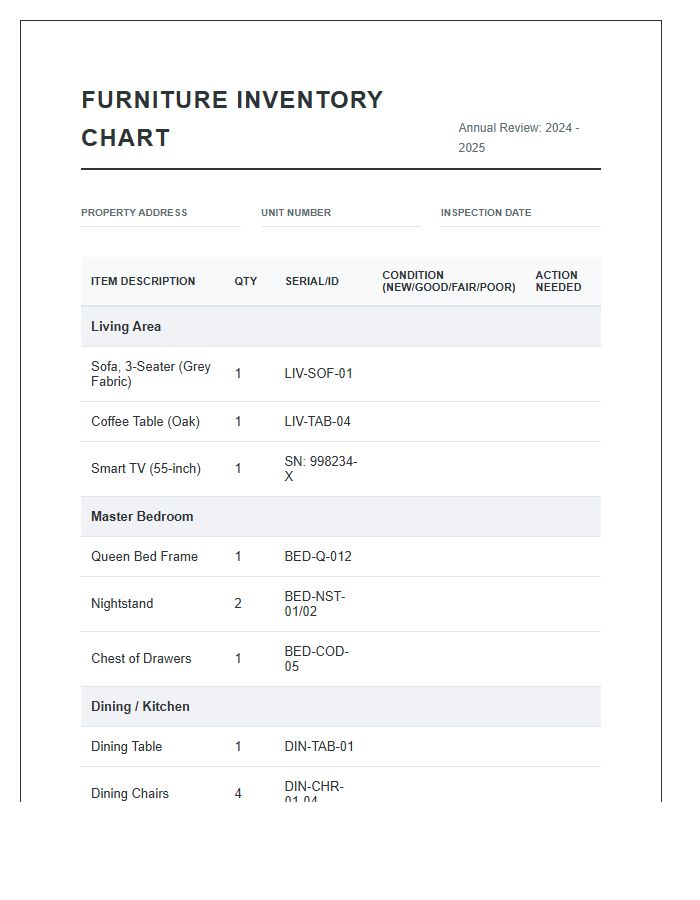 Annual Rental Furniture Inventory Printable Chart