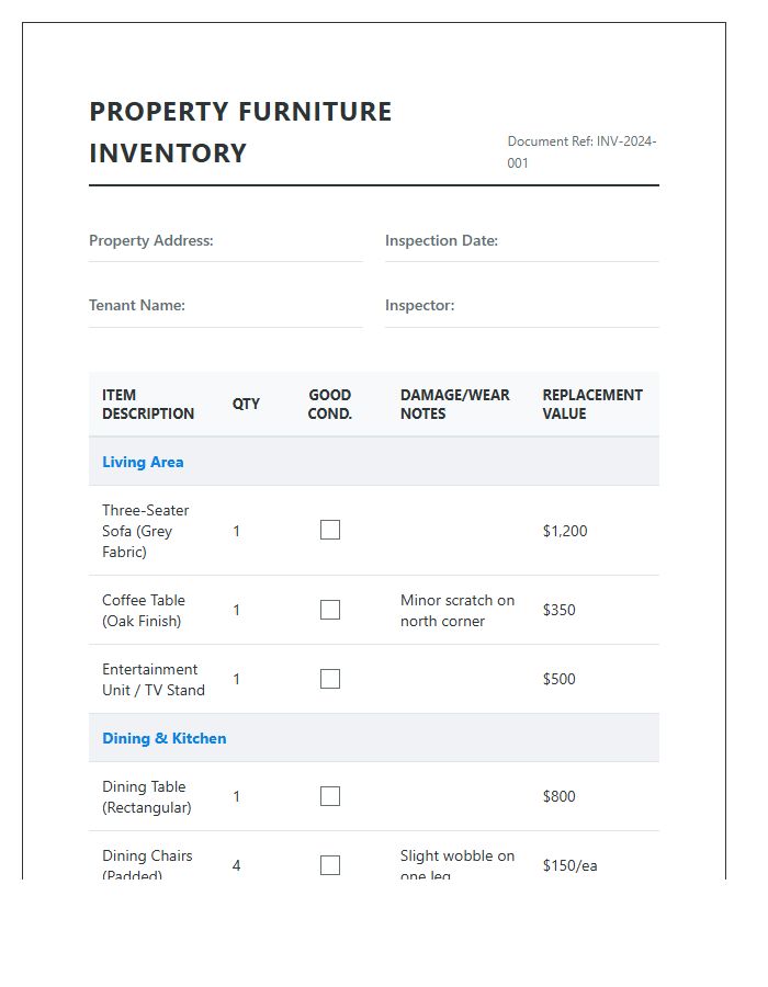 Comprehensive Rental Property Furniture Inventory Printable Chart