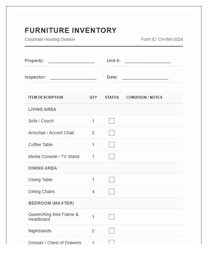 Corporate Housing Furniture Inventory Printable Chart