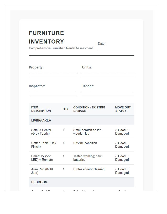 Detailed Furnished Rental Furniture Inventory Printable Chart