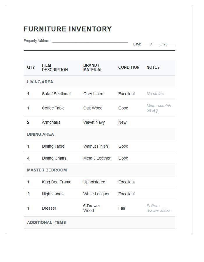 Furnished Home Furniture Inventory Printable Chart