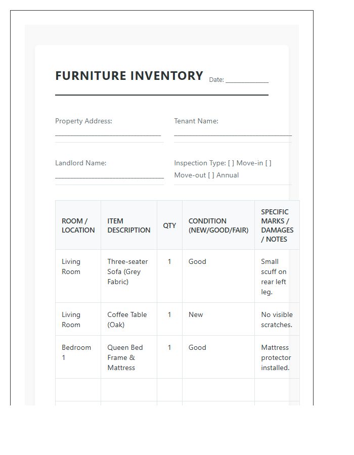Landlord Furniture Inventory Management Printable Chart