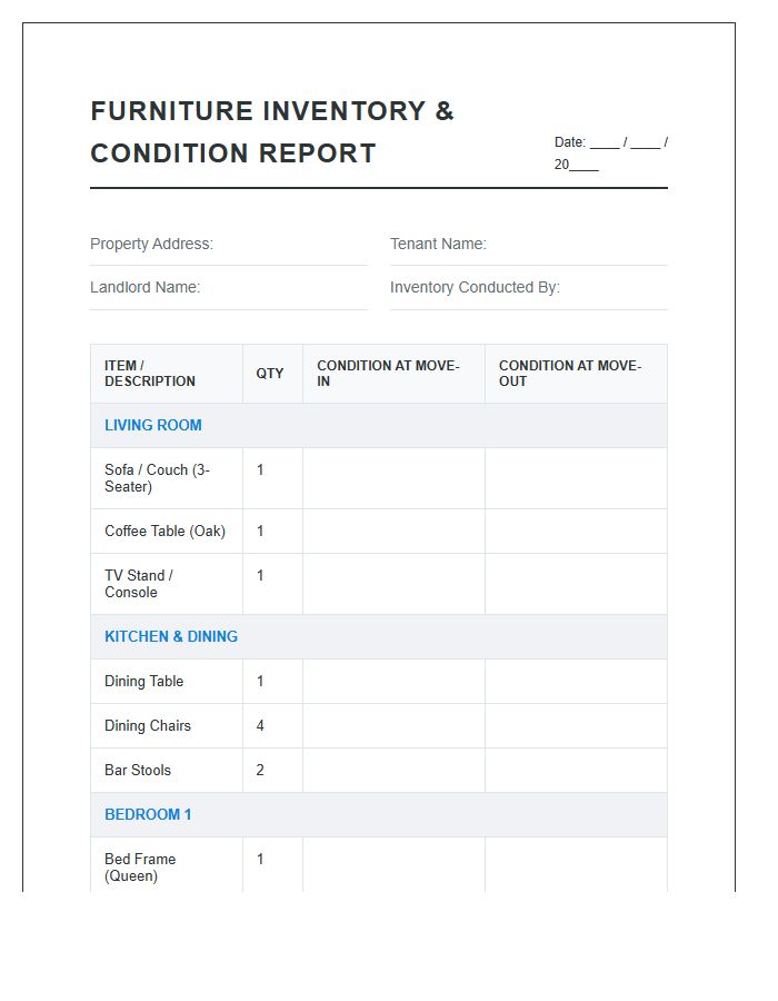 Landlord Tenant Furniture Inventory Printable Chart