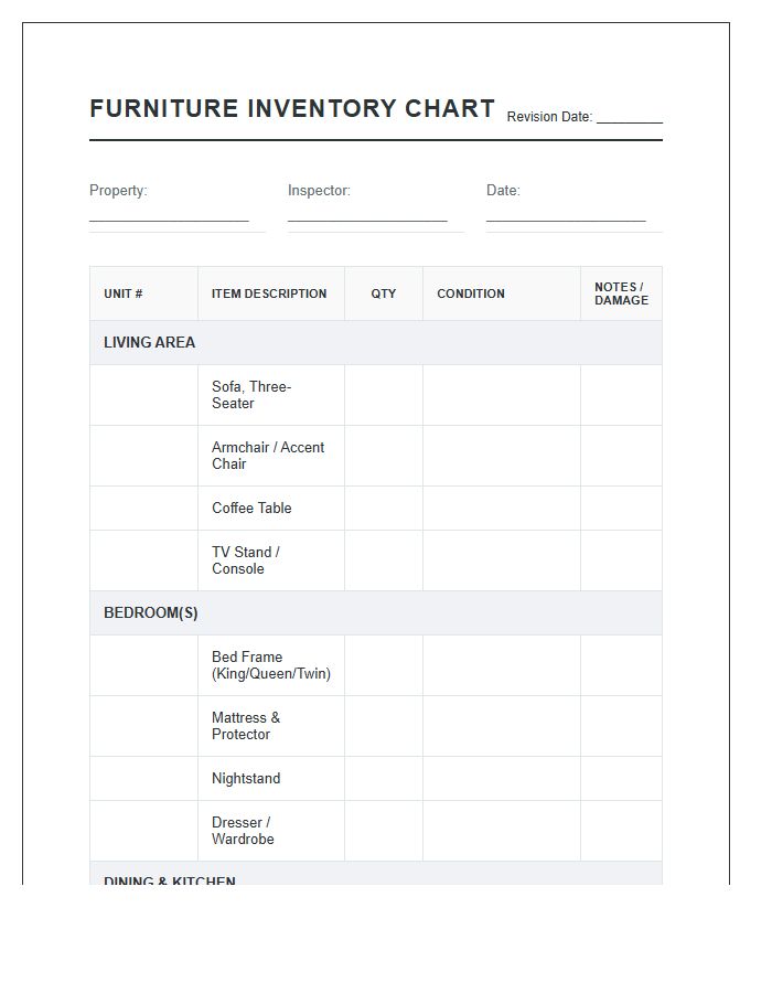 Multi Unit Rental Furniture Inventory Printable Chart