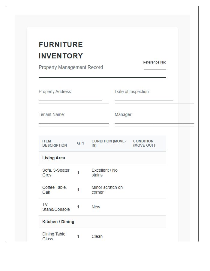Property Management Furniture Inventory Printable Chart