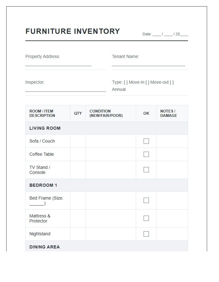 Rental Property Furniture Inventory Printable Chart