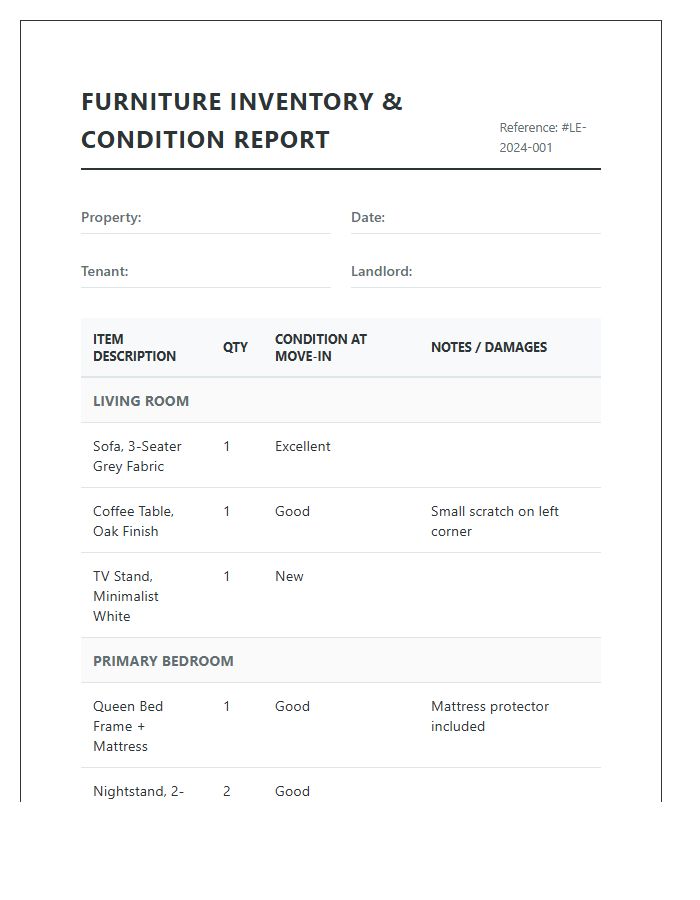 Residential Lease Furniture Inventory Printable Chart