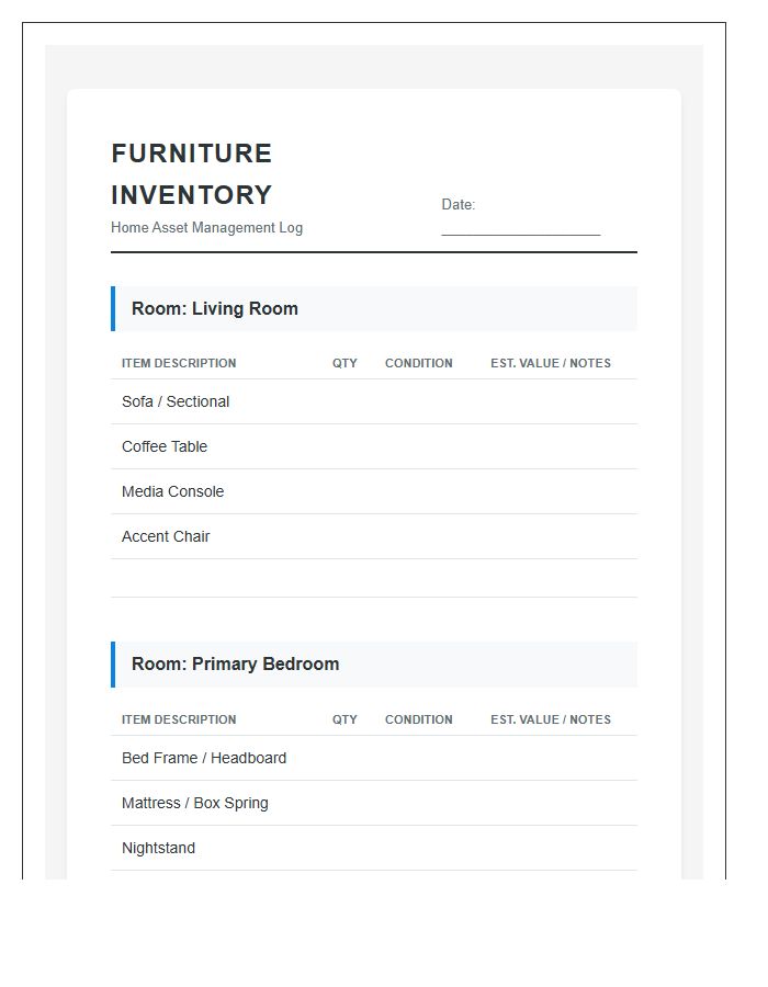 Room By Room Furniture Inventory Printable Chart