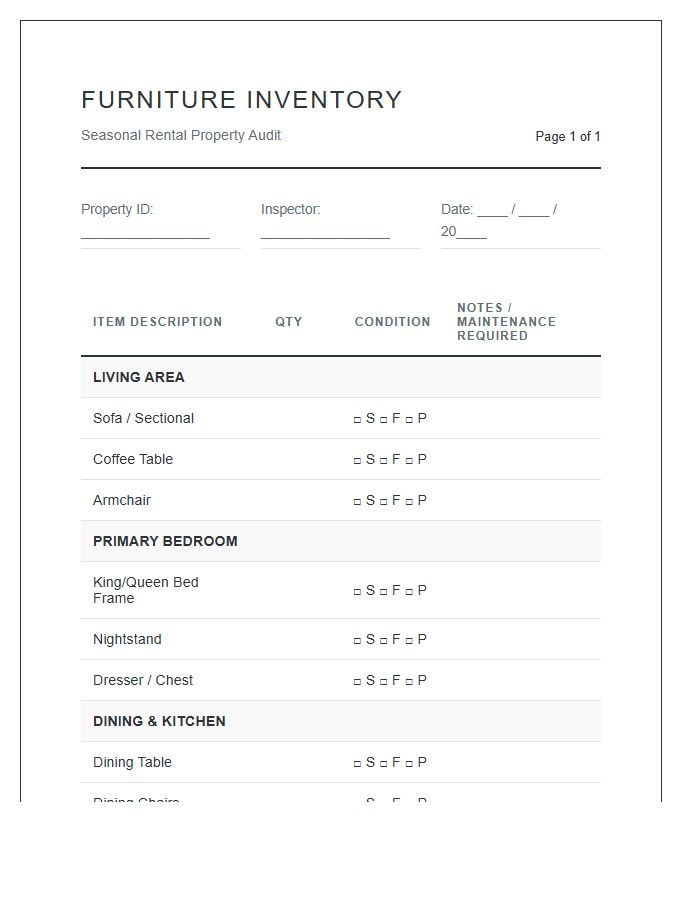 Seasonal Rental Furniture Inventory Printable Chart
