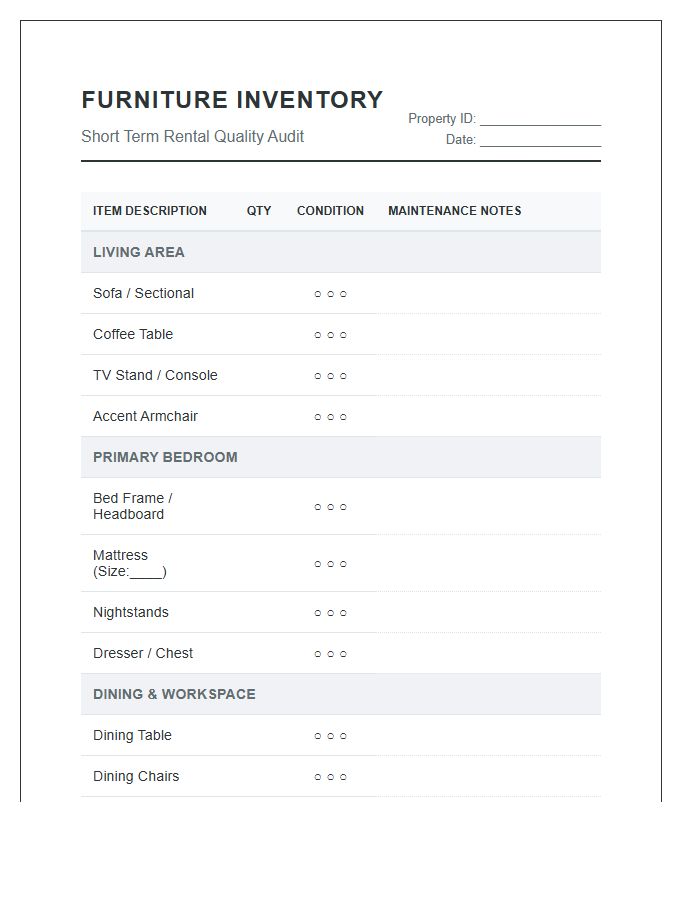 Short Term Rental Furniture Inventory Printable Chart