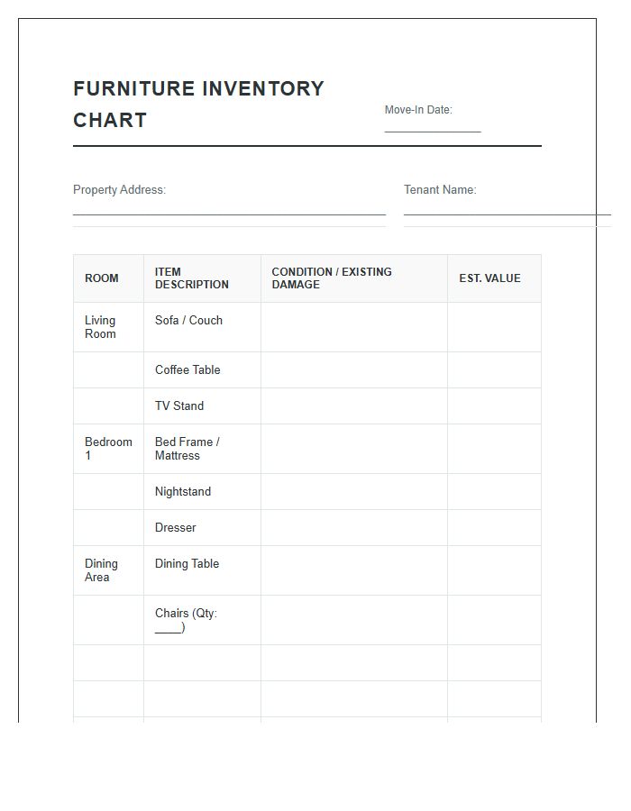 Tenant Move In Furniture Inventory Printable Chart