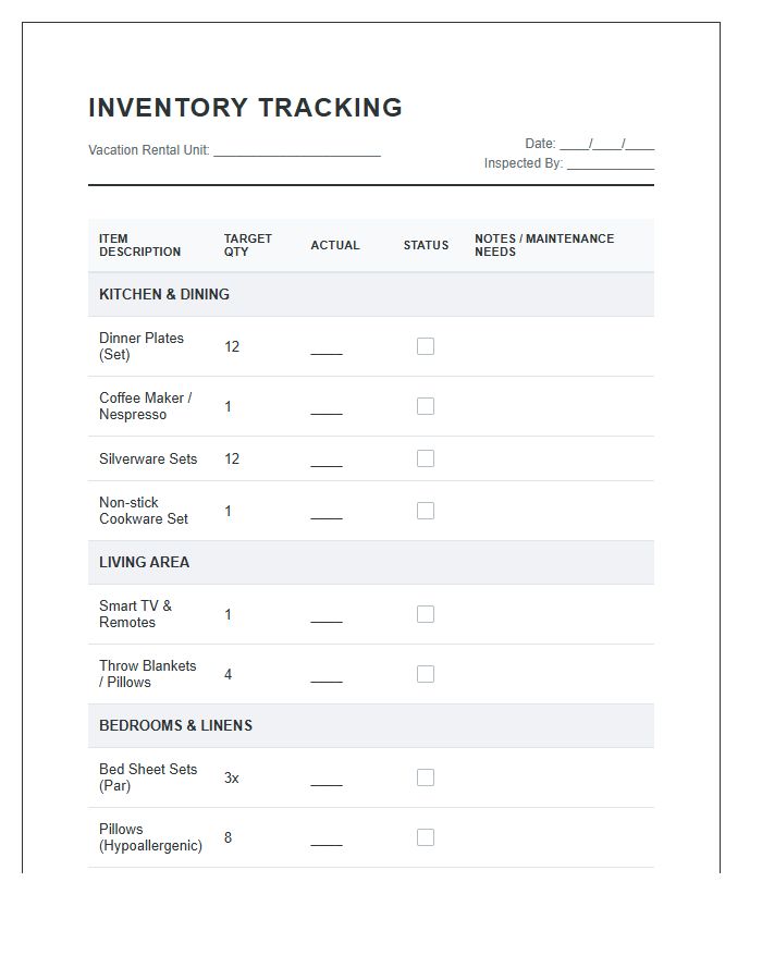 Vacation Rental Furnished Inventory Tracking Chart Printable