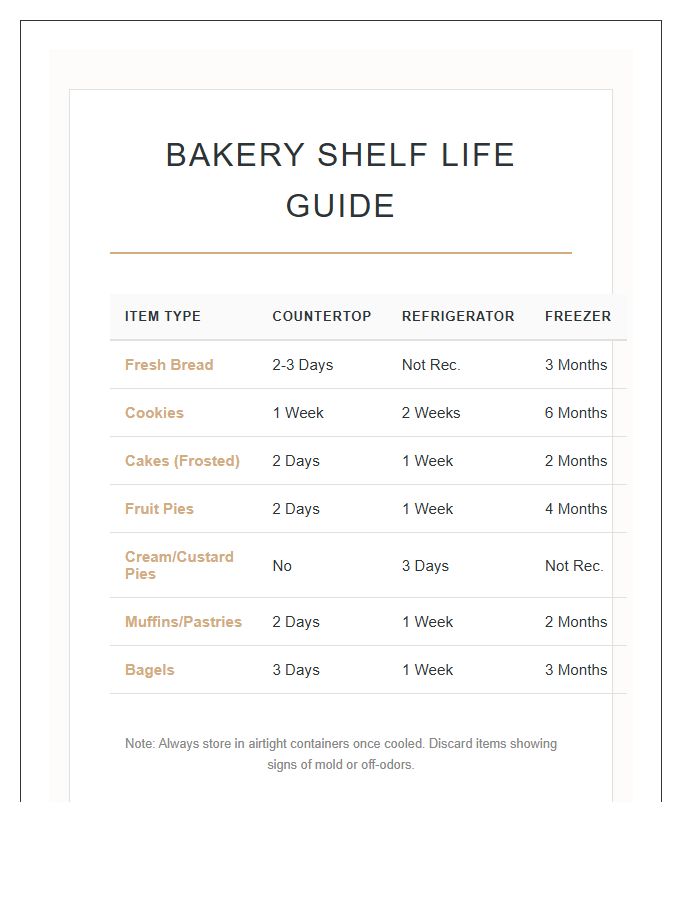 Bakery Item Shelf Life Printable Chart