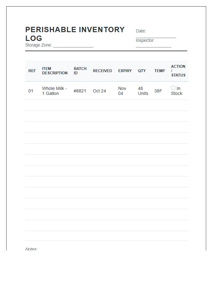 Bulk Perishable Goods Inventory Printable Chart