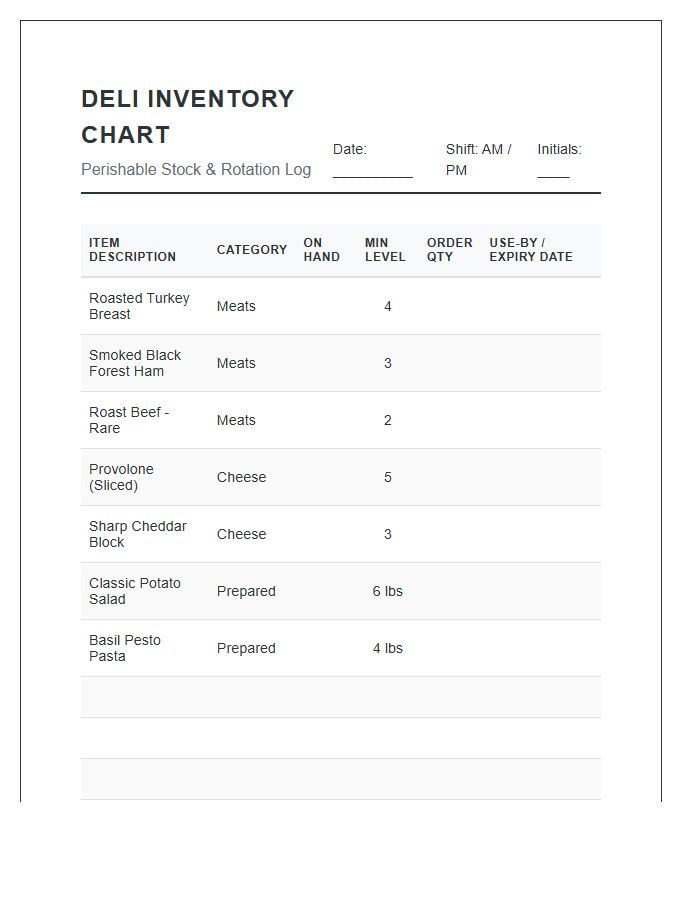 Deli Counter Perishable Inventory Printable Chart