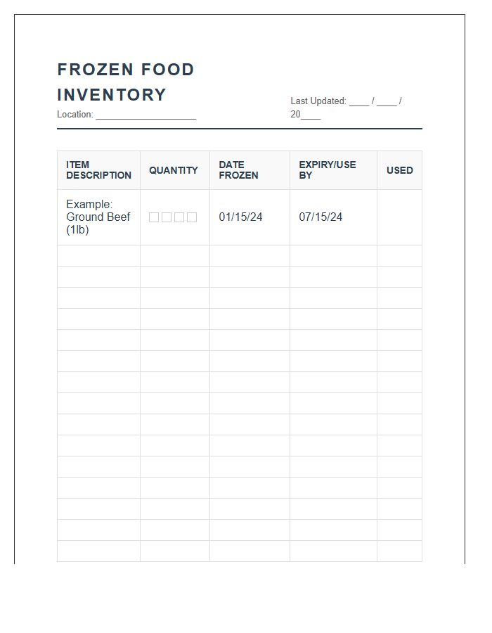 Frozen Food Inventory Tracking Printable Chart