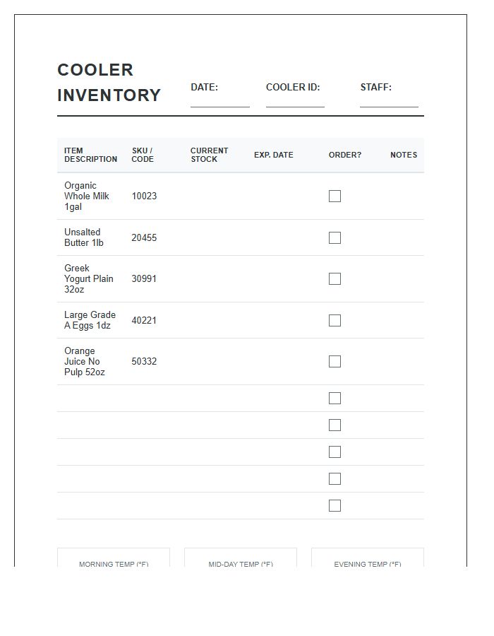 Grocery Store Cooler Inventory Printable Chart