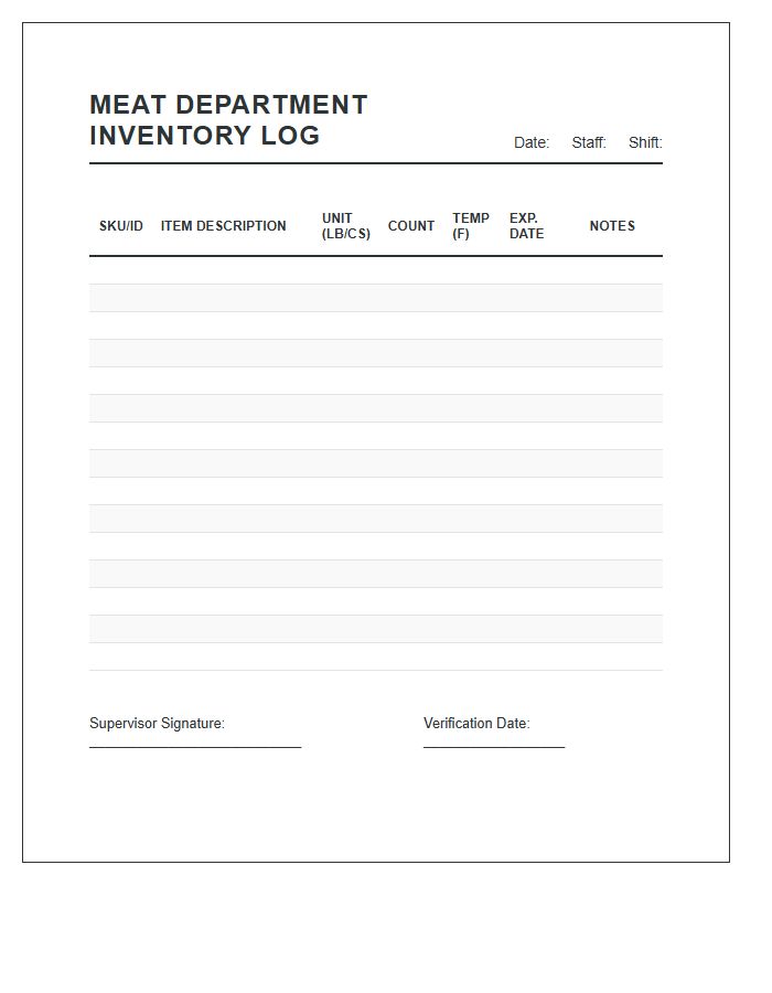 Meat Department Inventory Log Printable Chart