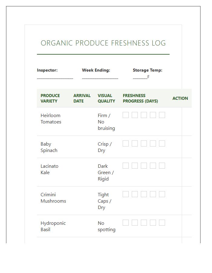 Organic Produce Freshness Monitoring Printable Chart